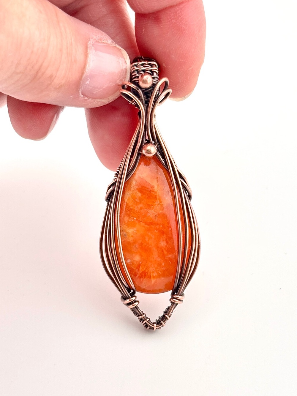 HANDMADE Orange Calcite Copper Wire Wrapped Pendant Necklace, Artisan Jewelry